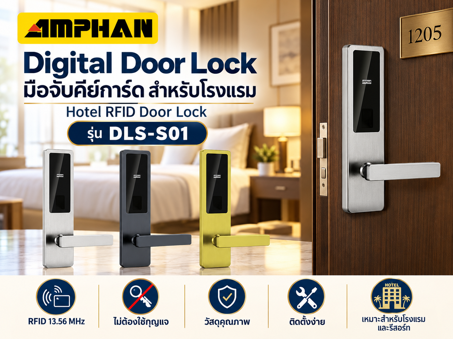 Digital Door Lock โรงแรม AMPHAN รุ่น DLS-S01 RFID