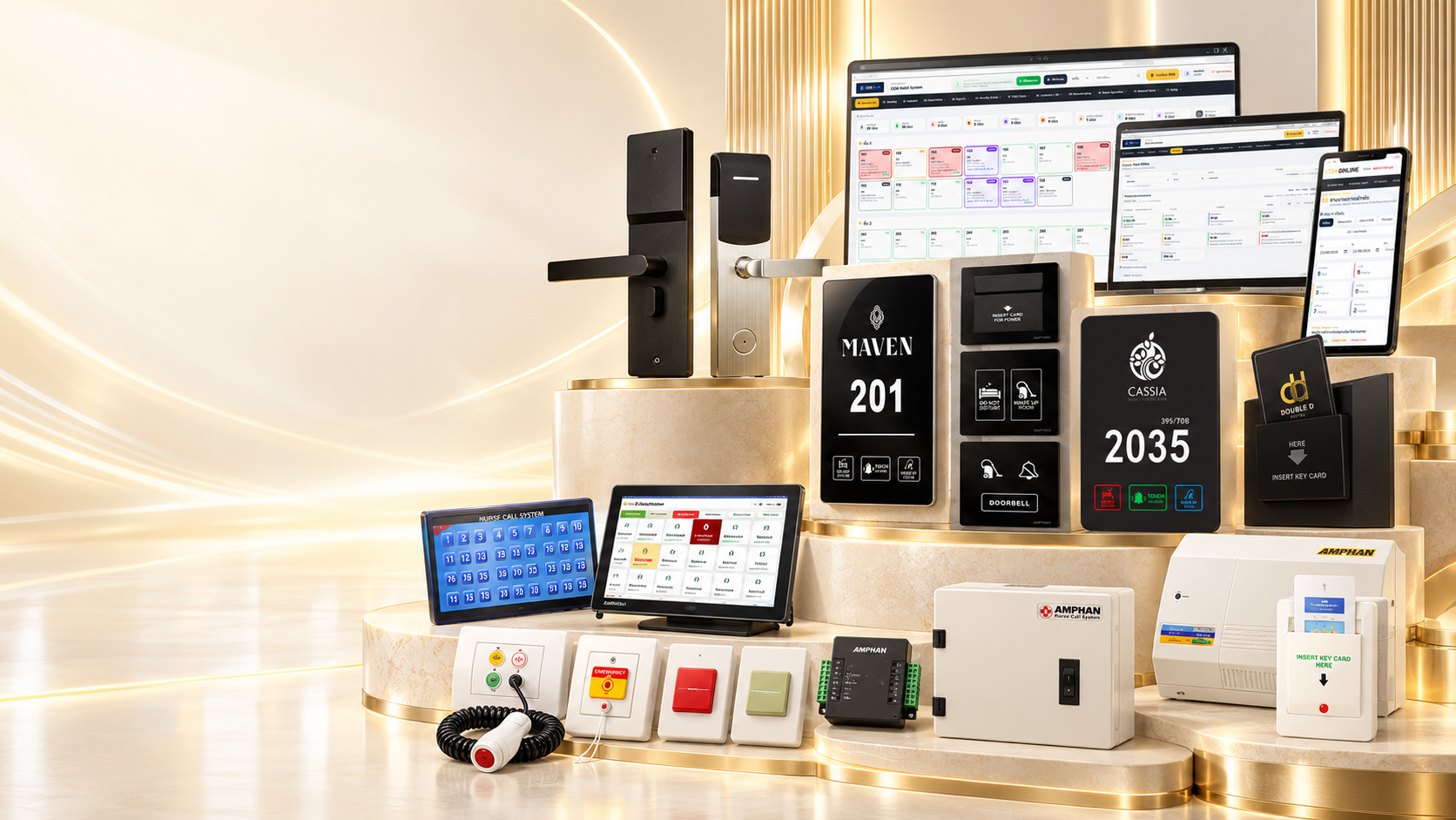 ผลิตภัณฑ์ AMPHAN: Energy Saving, Digital Door Lock, Switch Control Panel, Bedside Control, ระบบโรงแรม, Nurse Call และ Scoreboard